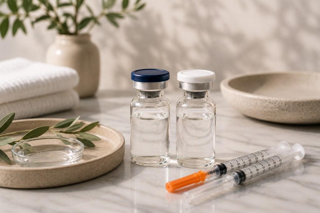 Clinical peptide vials and syringes arranged on marble with soft spa-style towels and greenery — provider-guided peptide therapy at Drip Lounge